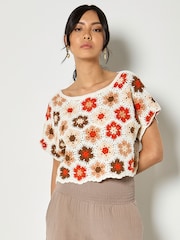 Apricot Orange Hexagon Flowers Crochet Top - Image 3 of 4