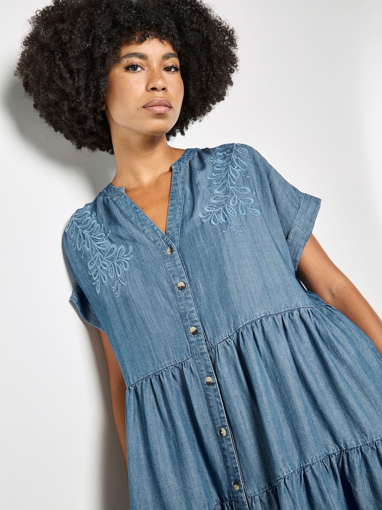 Apricot Blue Embroidered Denim Tiered Mini Dress - Image 4 of 4