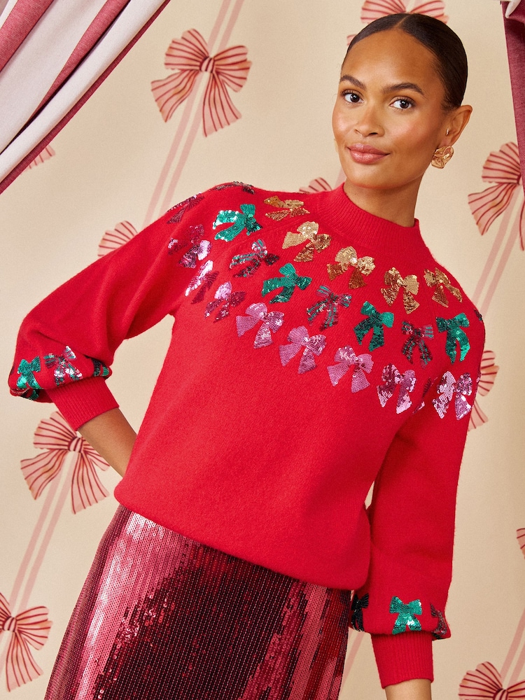Love & Roses Sequin Bow Detail Funnel Neck Christmas Knitted Jumper - Bild 1 av 5