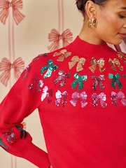 Love & Roses Sequin Bow Detail Funnel Neck Christmas Knitted Jumper - Bild 2 av 5