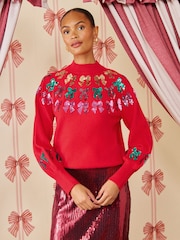 Love & Roses Sequin Bow Detail Funnel Neck Christmas Knitted Jumper - Bild 4 av 5