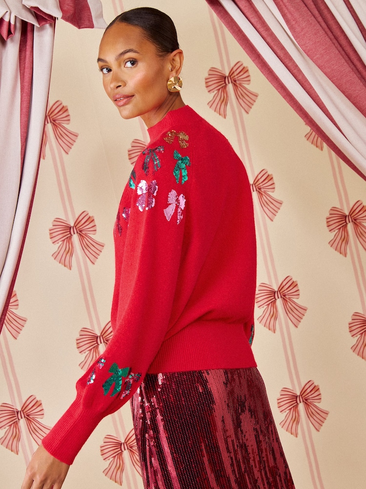 Love & Roses Sequin Bow Detail Funnel Neck Christmas Knitted Jumper - Bild 5 av 5