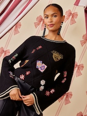 Love & Roses X Kate Fox Black Lucky Embroidered Detail Crew Neck Sparkle Detail Knitted Jumper - Image 4 of 5