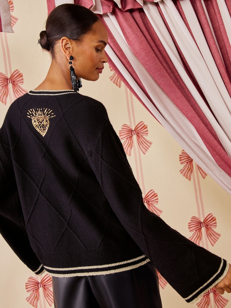 Love & Roses X Kate Fox Black Lucky Embroidered Detail Crew Neck Sparkle Detail Knitted Jumper - Image 5 of 5 Love & Roses X Kate Fox Black Lucky Embroidered Detail Crew Neck Sparkle Detail Knitted Jumper - Image 5 of 5