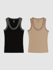 River Island Black Sleeveless Whipstitch Tank Tops 2 Pack - Image 1 of 5