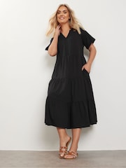 Yours Curve Black Tiered Cotton Midaxi Dress - Image 1 of 5