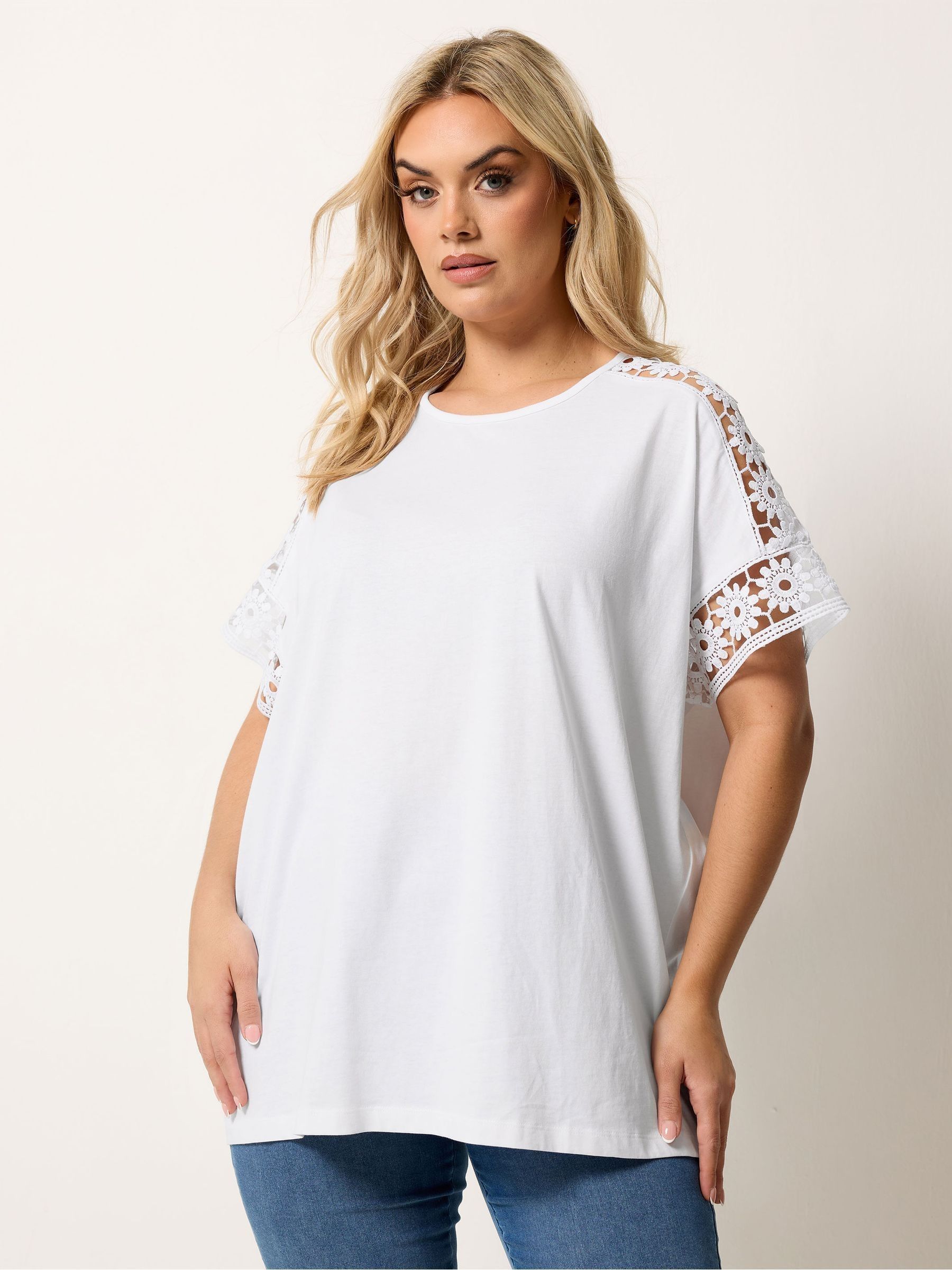 Yours Curve Women's White Crochet Sleeve Boxy T-Shirt