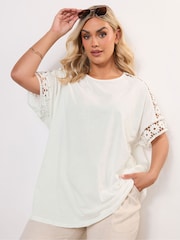 Yours Curve White Crochet Sleeve Boxy T-Shirt - Image 1 of 6
