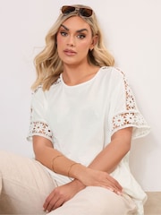 Yours Curve White Crochet Sleeve Boxy T-Shirt - Image 4 of 6