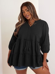 Yours Curve Black Cotton Tie Neck Top - Image 1 of 5