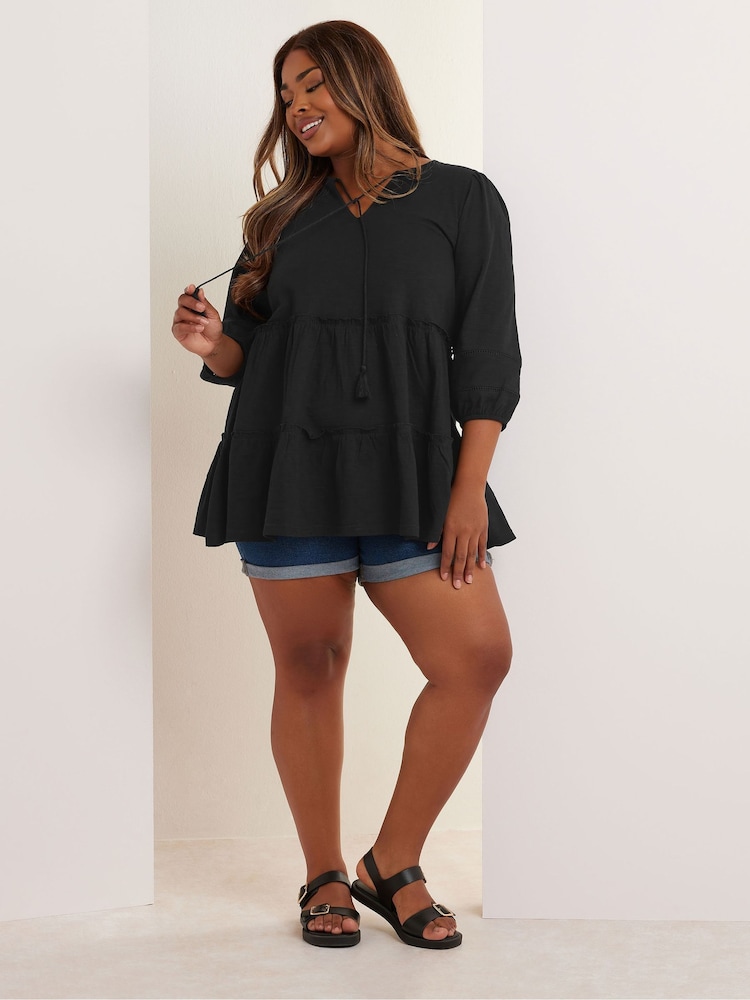 Yours Curve Black Cotton Tie Neck Top - Image 2 of 5 Yours Curve Black Cotton Tie Neck Top - Image 2 of 5