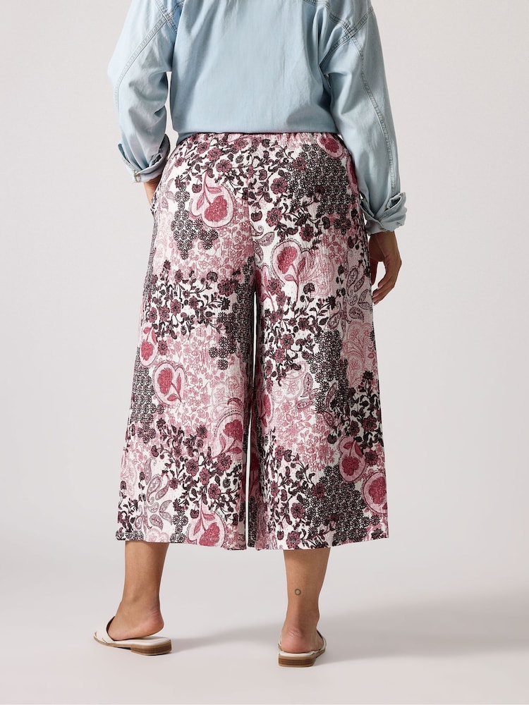 Yours Curve Pink Paisley Print Textured Cropped Trousers - Image 2 of 4 Yours Curve Pink Paisley Print Textured Cropped Trousers - Image 2 of 4