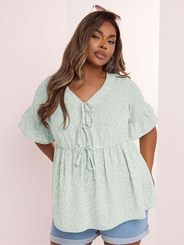 Yours Curve Green Ditsy Floral Tie Front Peplum Top - Image 1 of 5
