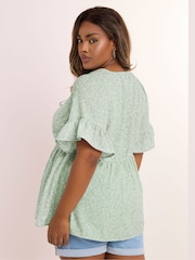 Yours Curve Green Ditsy Floral Tie Front Peplum Top - Image 3 of 5