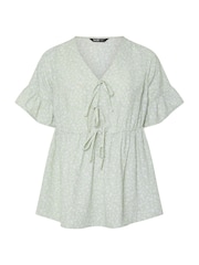 Yours Curve Green Ditsy Floral Tie Front Peplum Top - Image 5 of 5