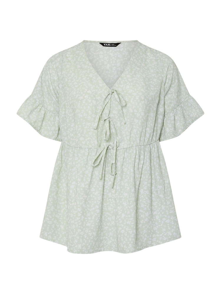 Yours Curve Green Ditsy Floral Tie Front Peplum Top - Image 5 of 5