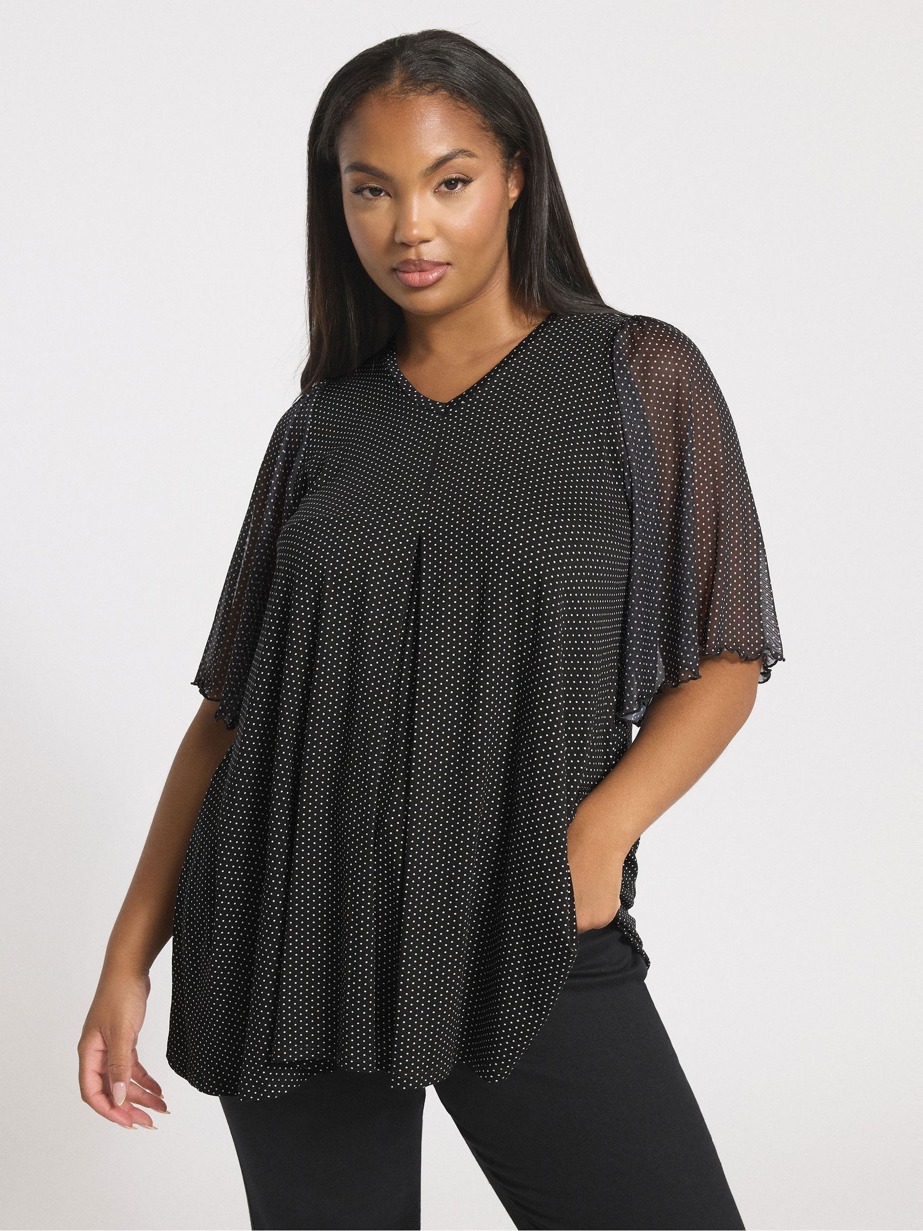 Yours Curve Women's Black Polka Dot Mesh Sleeve Top