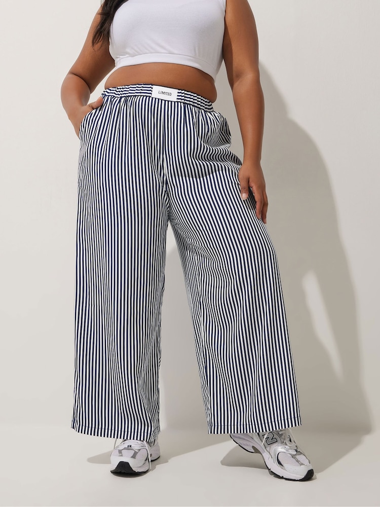 Yours Curve Blue Limited Stripe Boxer Waist Trousers - Image 1 of 5
