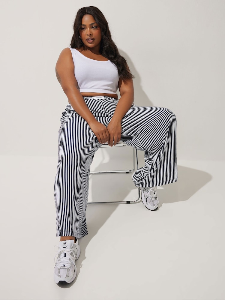 Yours Curve Blue Limited Stripe Boxer Waist Trousers - Image 2 of 5