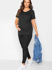 Yours Curve Black Maternity Leggings With Comfort Panel and Stretch  2 Pack - Image 2 of 4