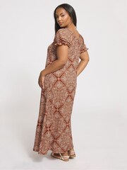 Yours Curve Brown Paisley Textured Milkmaid Dress - Image 4 of 6