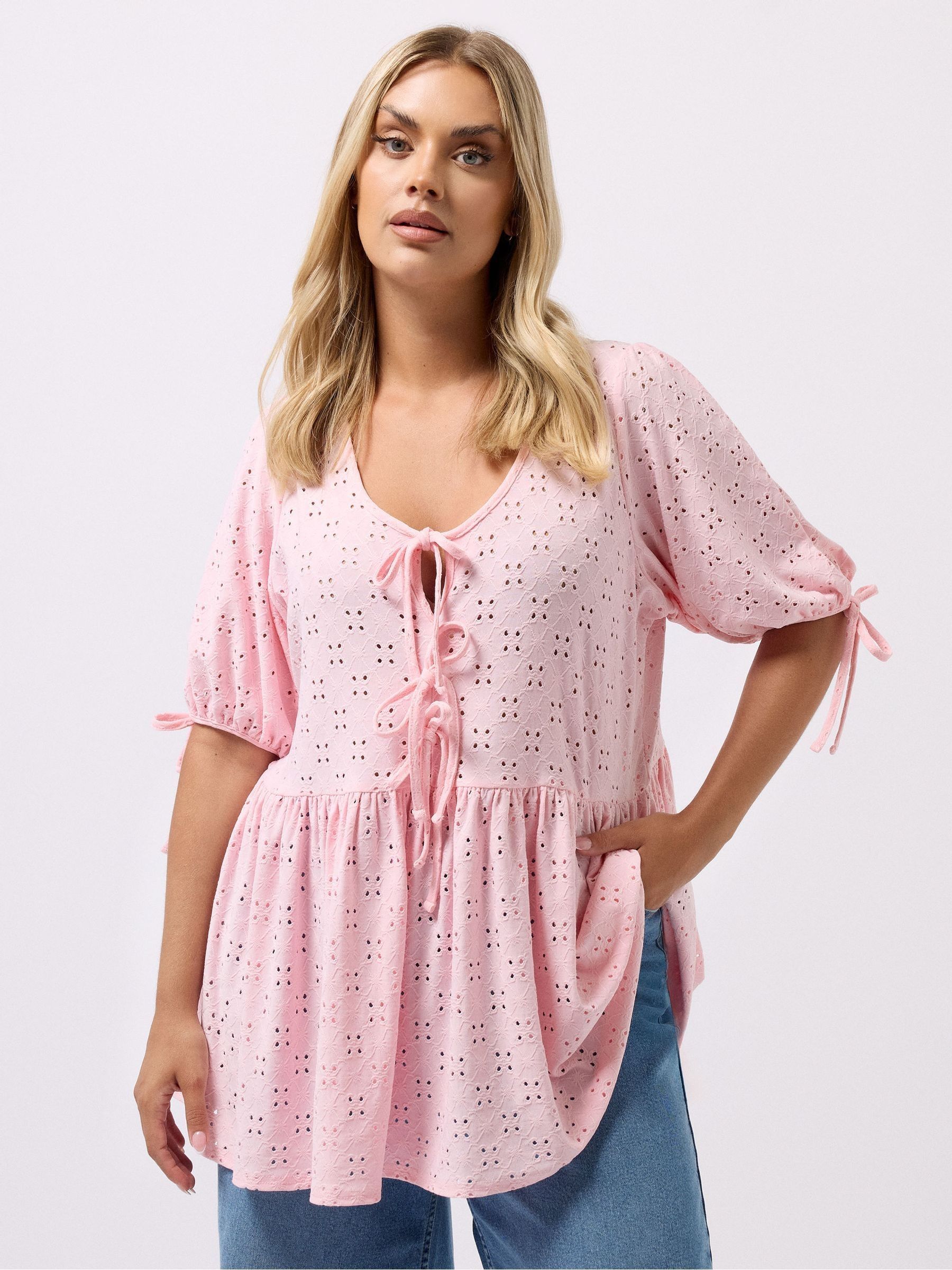 Buy Yours Curve Pink Broderie Anglaise Tie Front Peplum Top from