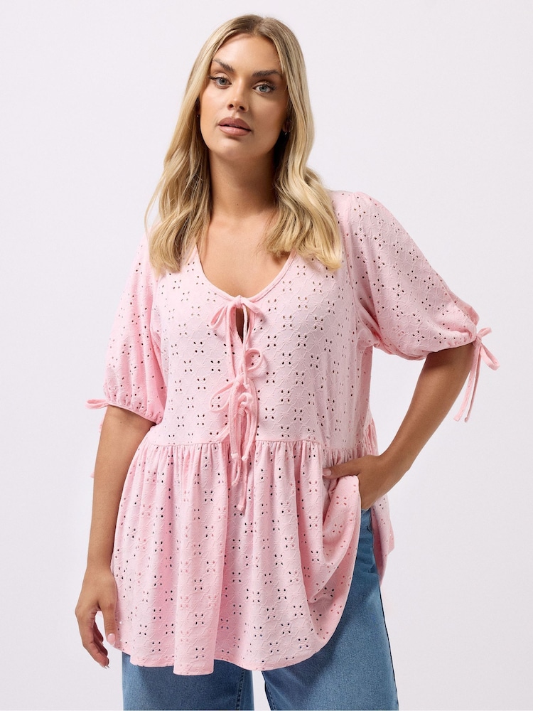 Yours Curve Pink Broderie Anglaise Tie Front Peplum Top - Image 1 of 5