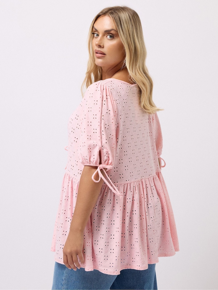 Yours Curve Pink Broderie Anglaise Tie Front Peplum Top - Image 2 of 5