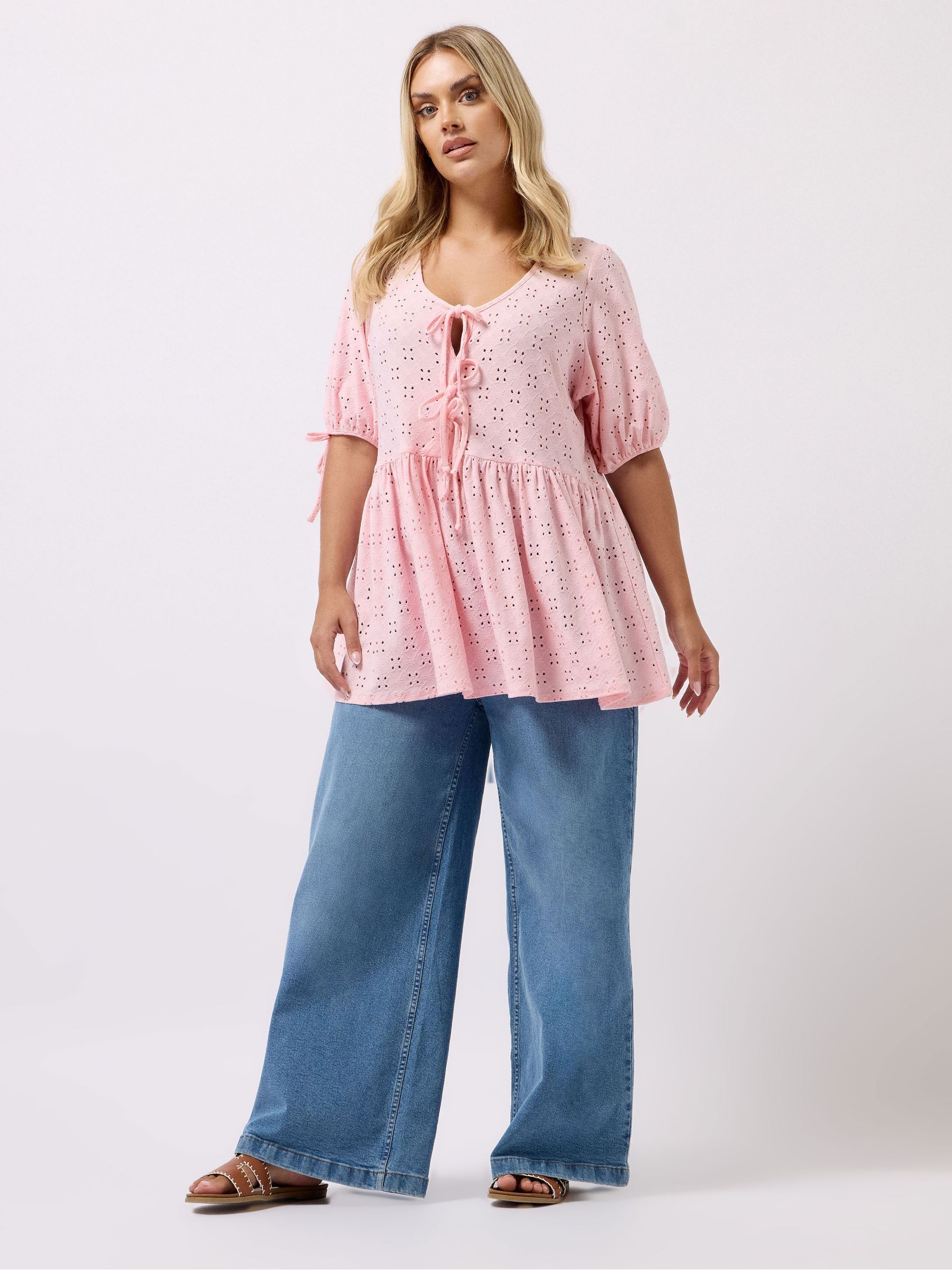 Buy Yours Curve Pink Broderie Anglaise Tie Front Peplum Top from