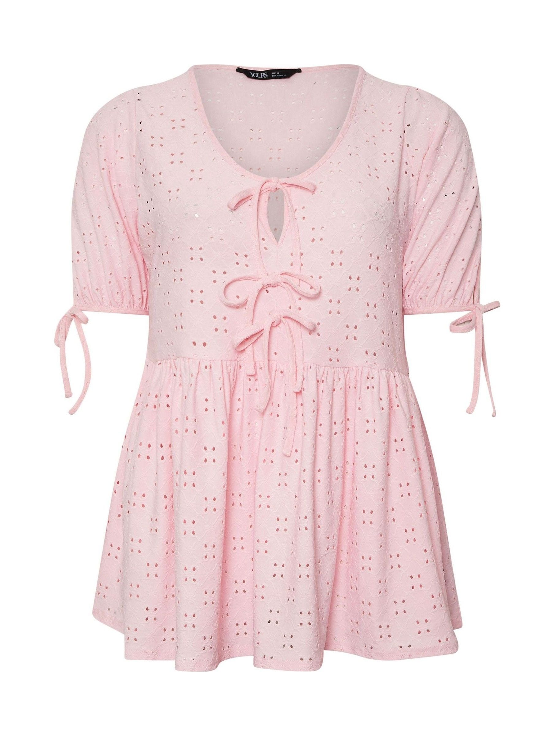 Buy Yours Curve Pink Broderie Anglaise Tie Front Peplum Top from