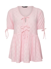 Yours Curve Pink Broderie Anglaise Tie Front Peplum Top - Image 5 of 5