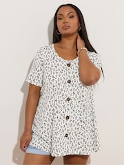 Yours Curve White Ditsy Floral Ribbed Swing T-Shirt - Image 2 of 6