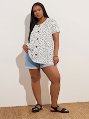 Yours Curve White Ditsy Floral Ribbed Swing T-Shirt - Image 3 of 6