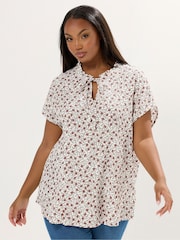 Yours Curve White Leaf Textured Frill Neck Blouse - Image 1 of 9