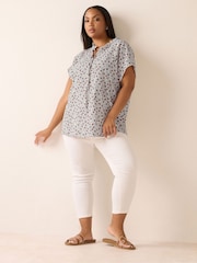 Yours Curve White Leaf Textured Frill Neck Blouse - Image 4 of 9