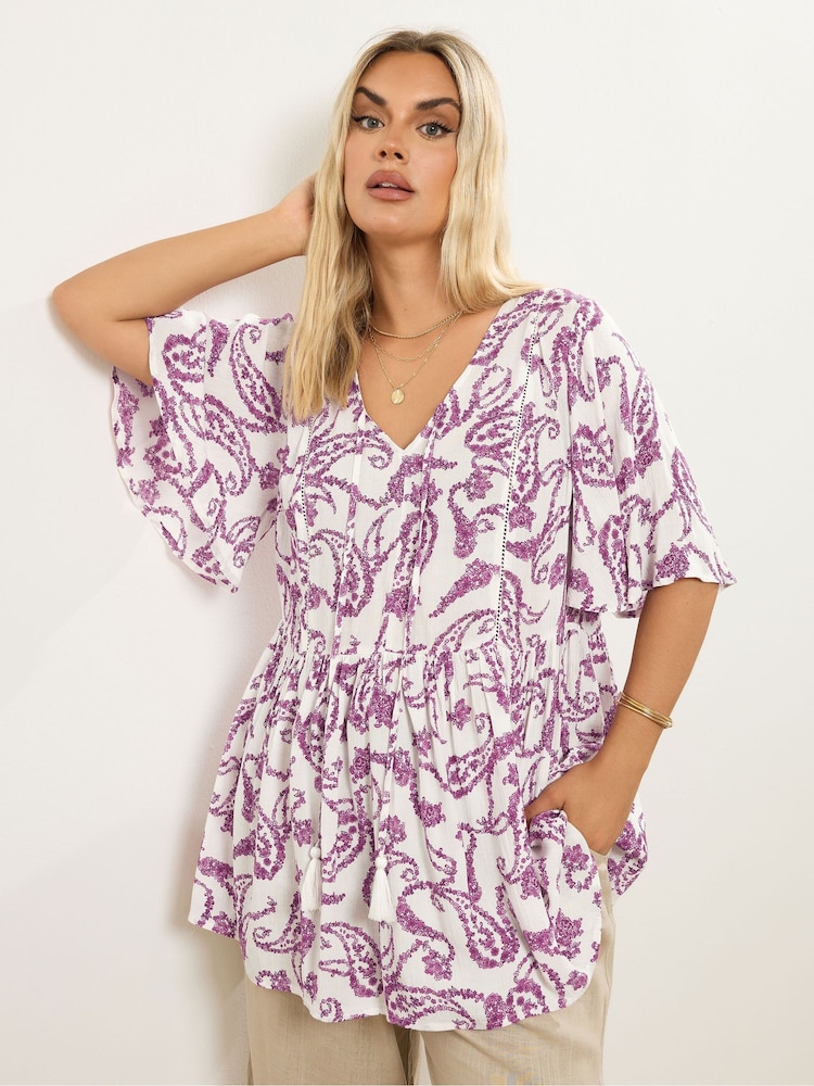 Yours Curve White Paisley Print Tie Front Top - Image 1 of 4