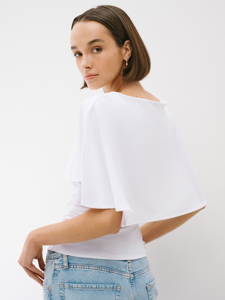 White Short Sleeve Cape Top - Image 2 of 5 White Short Sleeve Cape Top - Image 2 of 5