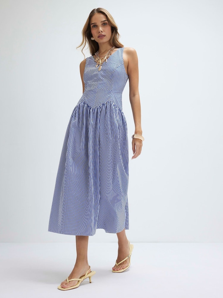 River Island Blue Sleeveless V-Neck Stripe Midi Dress - Image 1 of 4