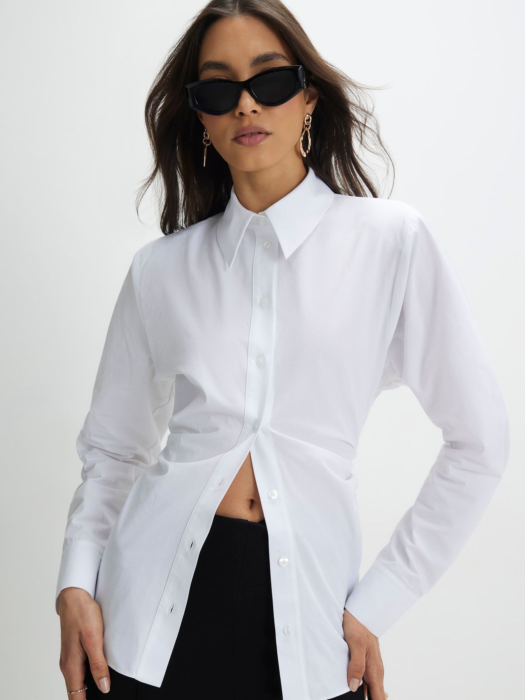 Buy River Island White Long Sleeve Shoulder Pad Cinched Shirt from