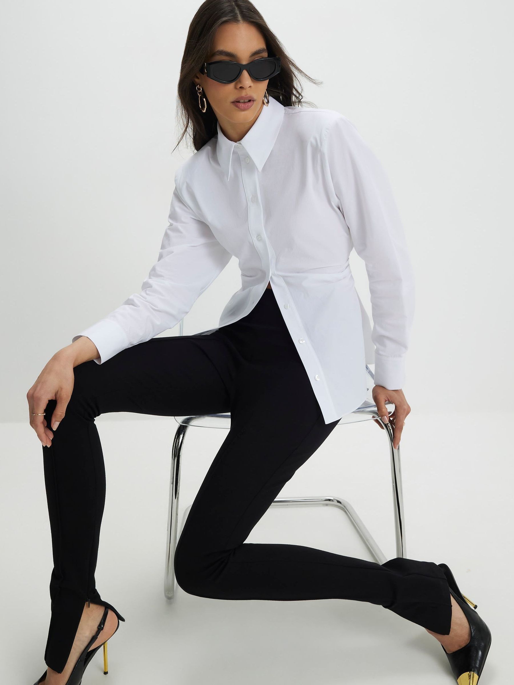 Buy River Island White Long Sleeve Shoulder Pad Cinched Shirt from