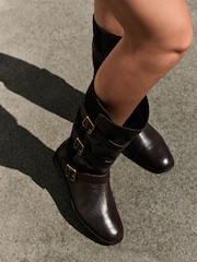 Brown Standard fit Forever Comfort® Pirate Knee High Pull On Leather Boots - Image 4 of 5