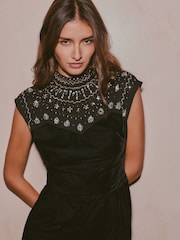 Love & Roses X V&A Black Embellished Yoke High Neck Velvet Jumpsuit - Image 2 of 6