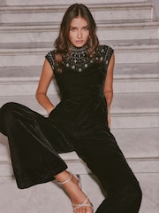 Love & Roses X V&A Black Embellished Yoke High Neck Velvet Jumpsuit - Image 3 of 6