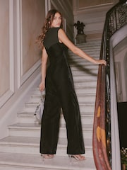 Love & Roses X V&A Black Embellished Yoke High Neck Velvet Jumpsuit - Image 5 of 6