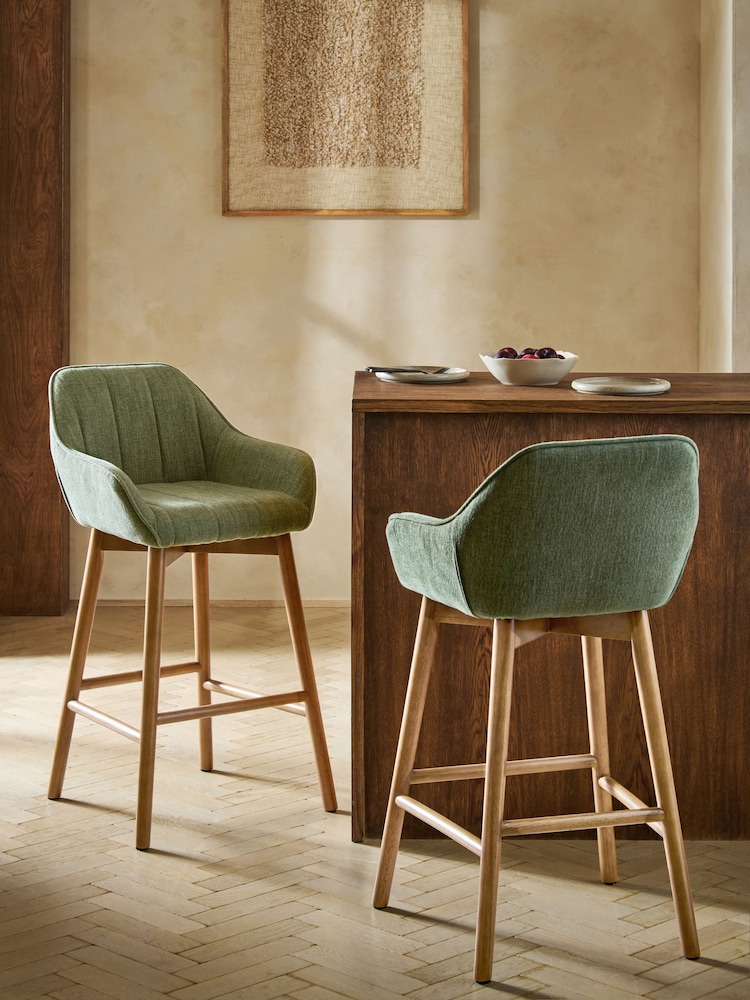 Relaxed Linen Look Mid Green Mid Wood Leg Anderson Bar Stool - Image 1 of 8