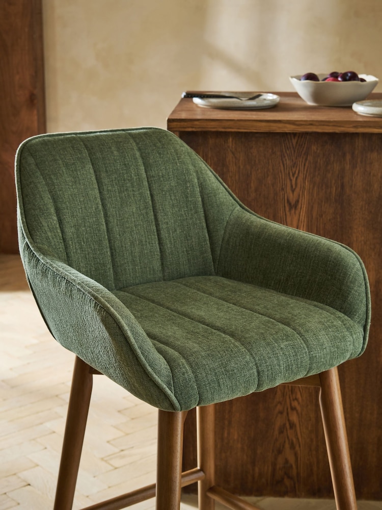 Relaxed Linen Look Mid Green Mid Wood Leg Anderson Bar Stool - Image 2 of 8
