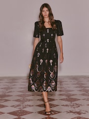 Love & Roses Metallic Jacquard Square Neck Midi Dress - სურათი 1 5-დან