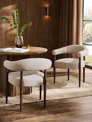 Set of 2 Textured Boucle Weave Mid Natural Dark Wood Leg Arm Aire Dining Chairs - Image 1 of 9