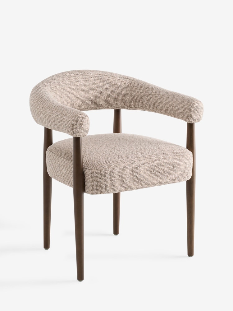 Set of 2 Textured Boucle Weave Mid Natural Dark Wood Leg Arm Aire Dining Chairs - Image 2 of 9 Set of 2 Textured Boucle Weave Mid Natural Dark Wood Leg Arm Aire Dining Chairs - Image 2 of 9