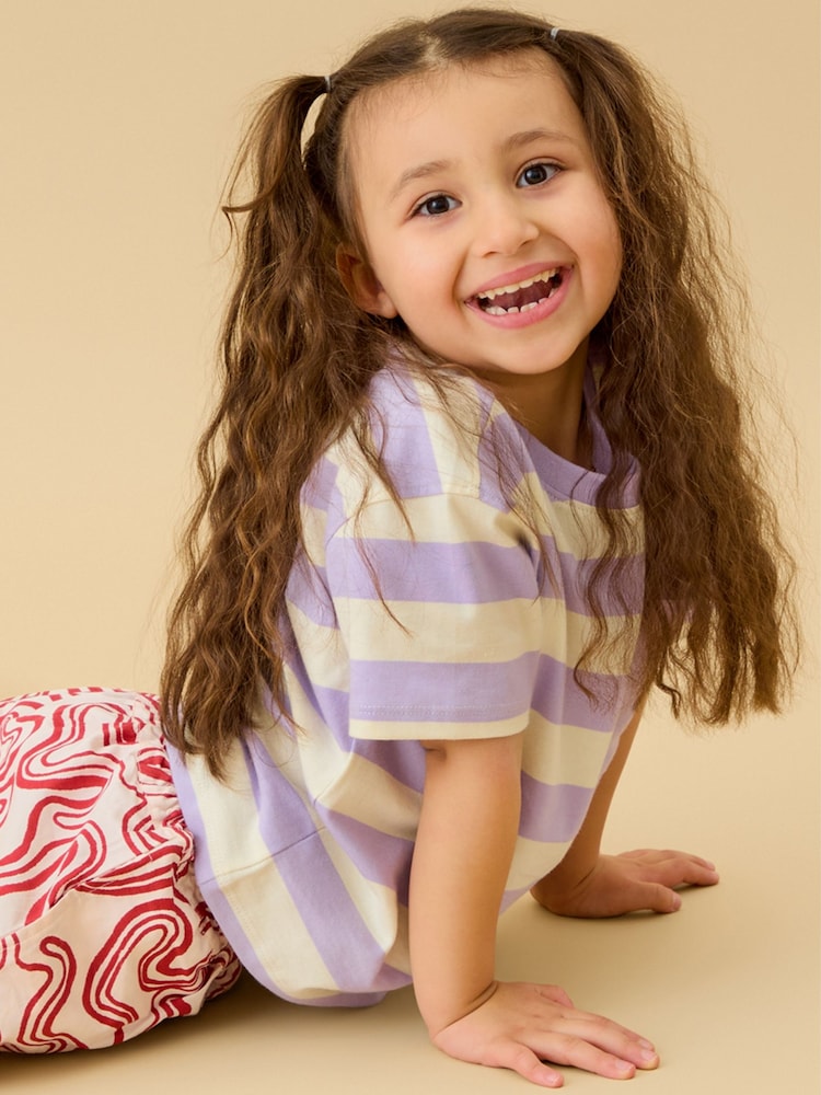 KIDLY by MORI Purple Striped Soft Cotton Oversized T-Shirt - Image 2 of 3